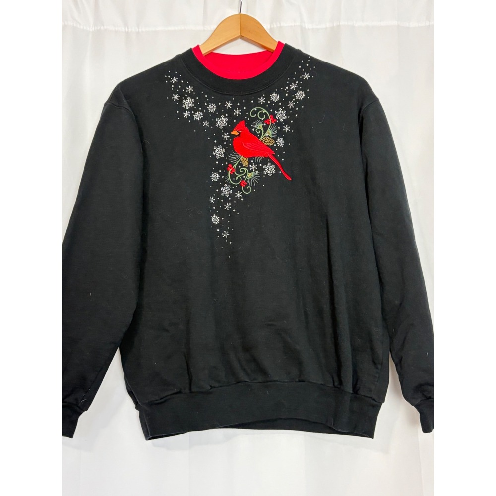 Vintage Embroidered Cardinal Snowflake Sweatshirt Black Large Grannycore Grandma